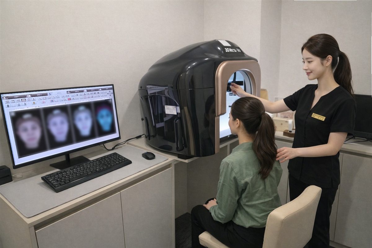 A patient having a facial scan with the 3D MetaVu skin analysis system while a staff member assists